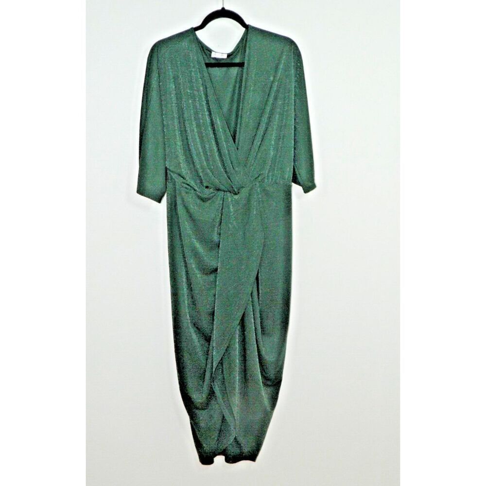 Unique Vintage Dress Plus Size 3XL Green Sparkle Faux Wrap Stretchy‎ Bodycon